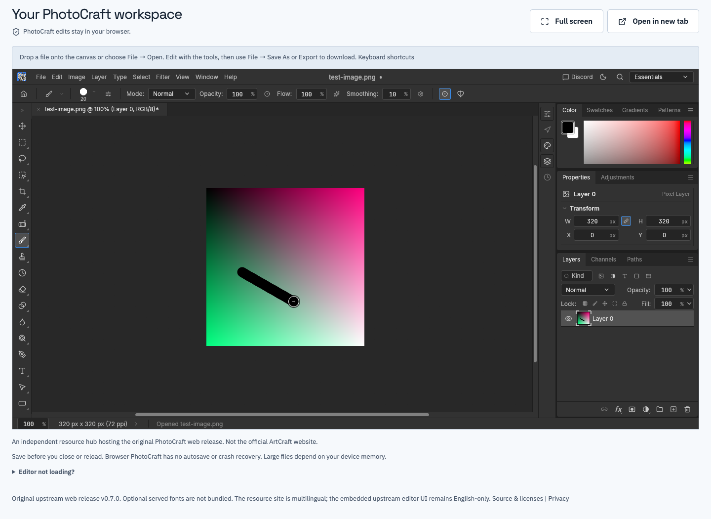 The synthetic test image after a visible brush edit in the actual browser editor