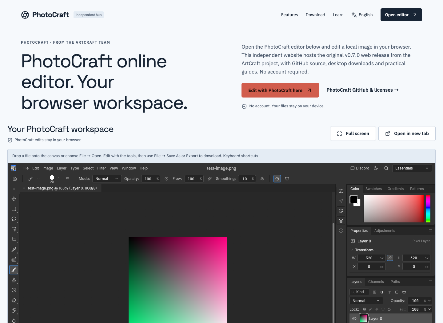 The original synthetic PNG opened in the PhotoCraft browser workspace