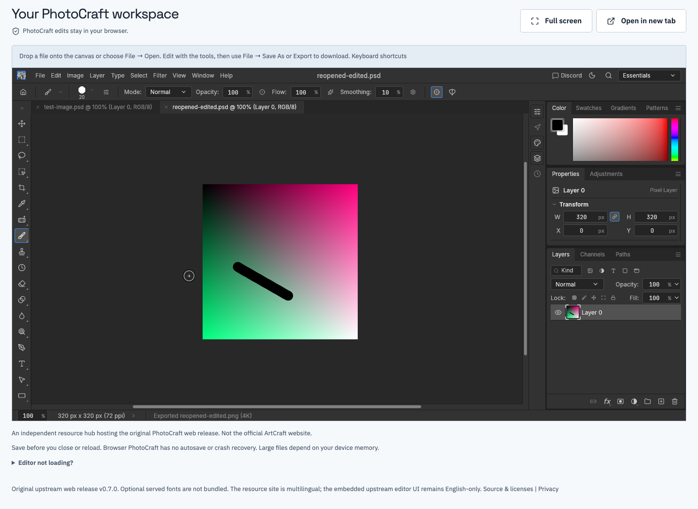 A saved PSD reopened in the PhotoCraft browser workspace